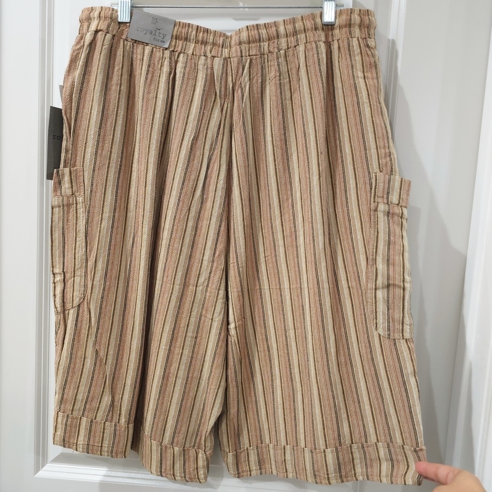 Ladies Striped Linen Blend Tan Women's Shorts, Elastic Drawstring Waist, XL - Picture 5 of 12